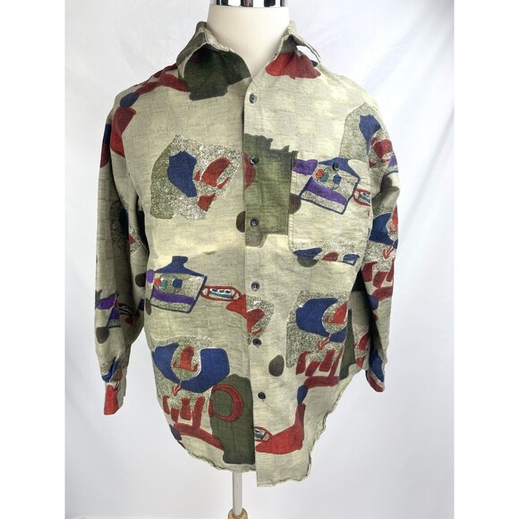 Goouch Men MEDIUM Silk Button Up Long Sleeves Shirt Tan Brown Geometric - Picture 1 of 10